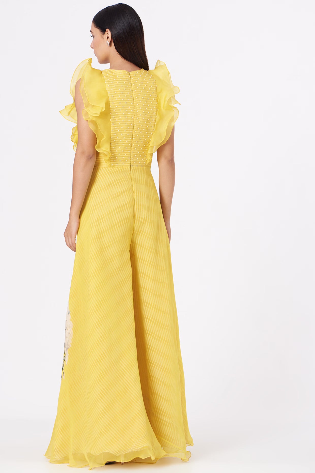 Lemon Yellow Ruffled Bodice Flared Jumpsuit with Botanical Print