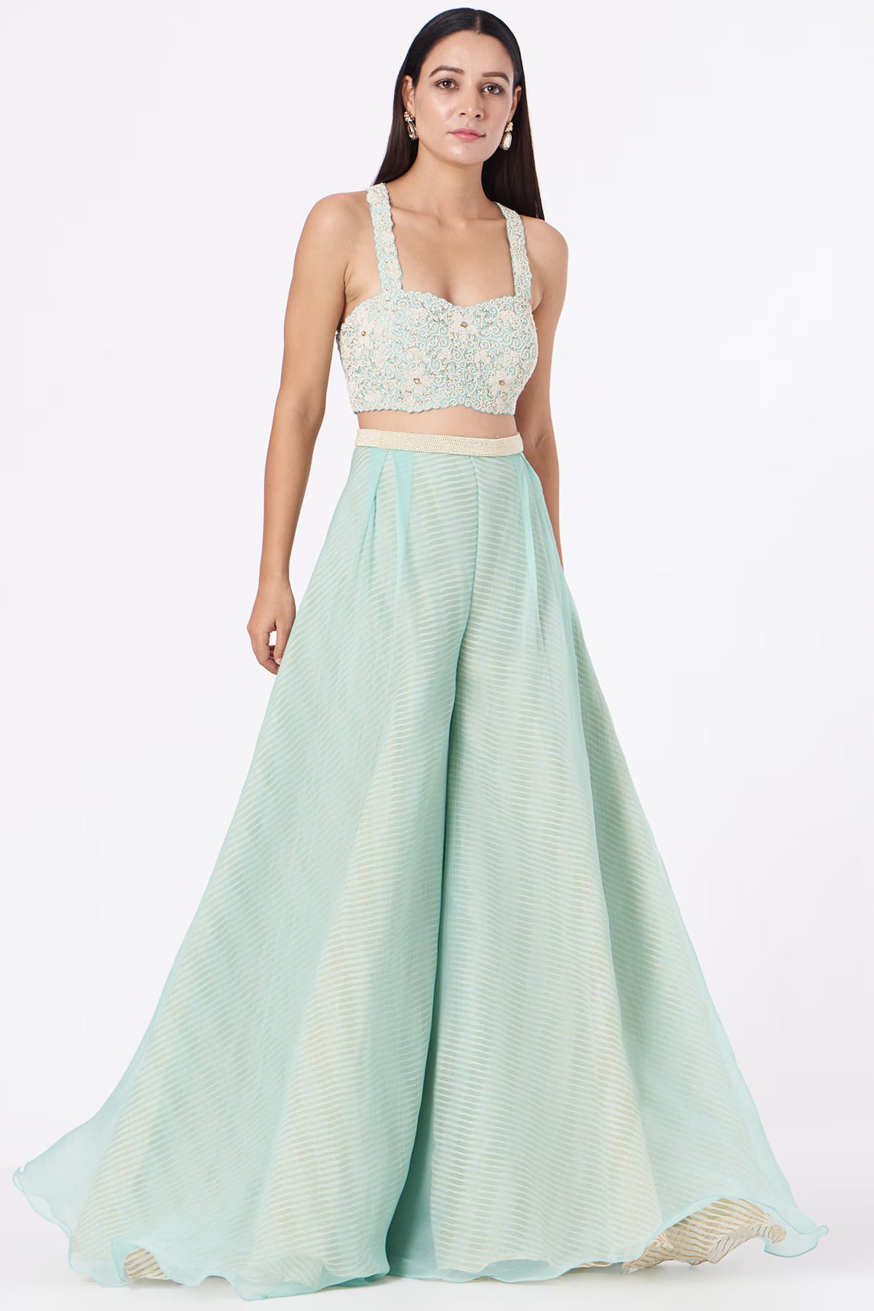 Ombré Citrus Floral Cape & Mint Flared Palazzo Fusion Set