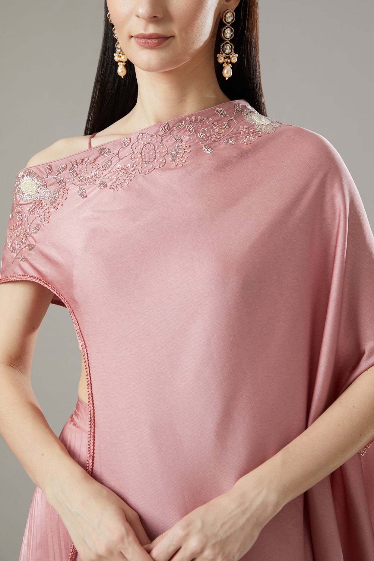 Antique Pink Chanderi Silk Off-Shoulder Cape Set