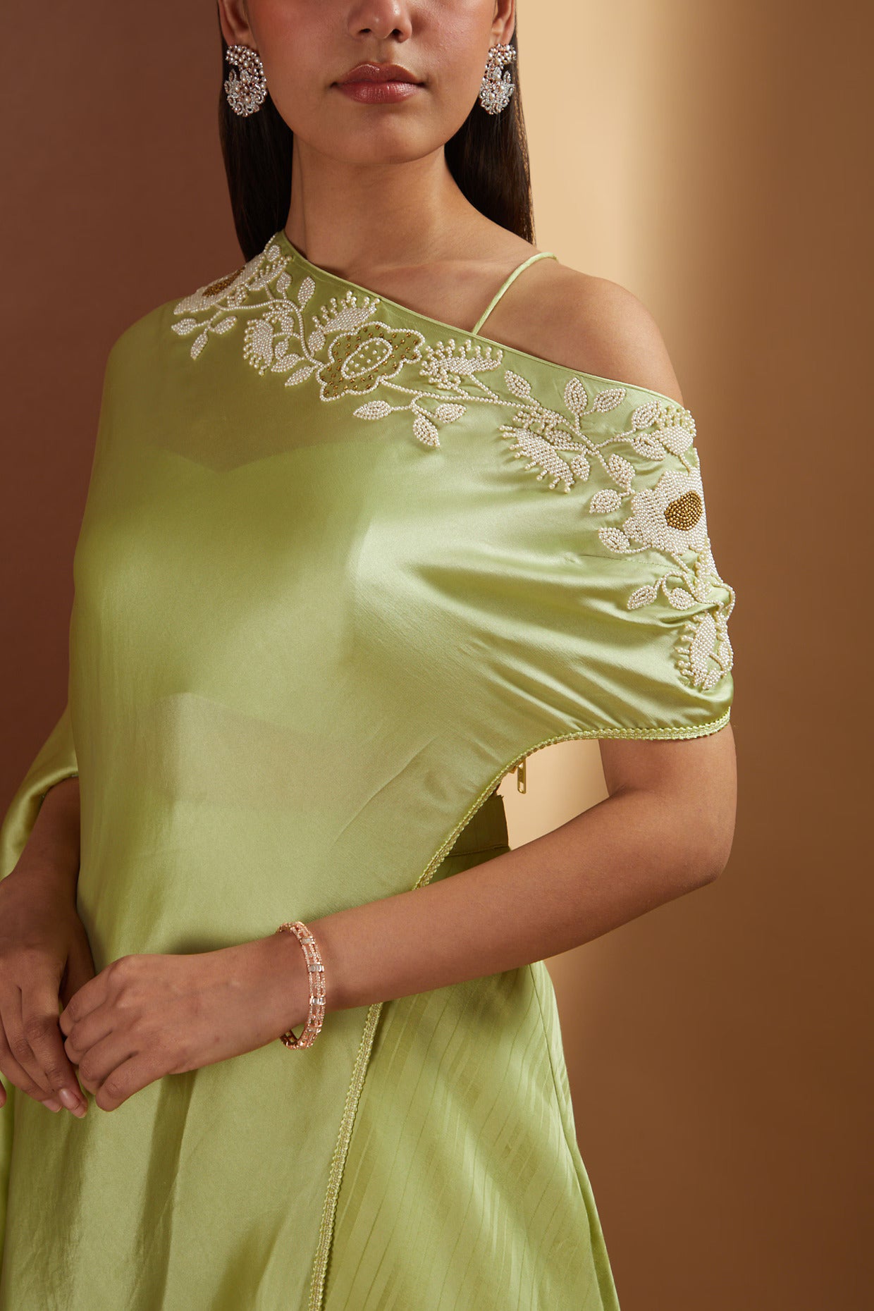 Jade Satin Off-Shoulder Cape Set