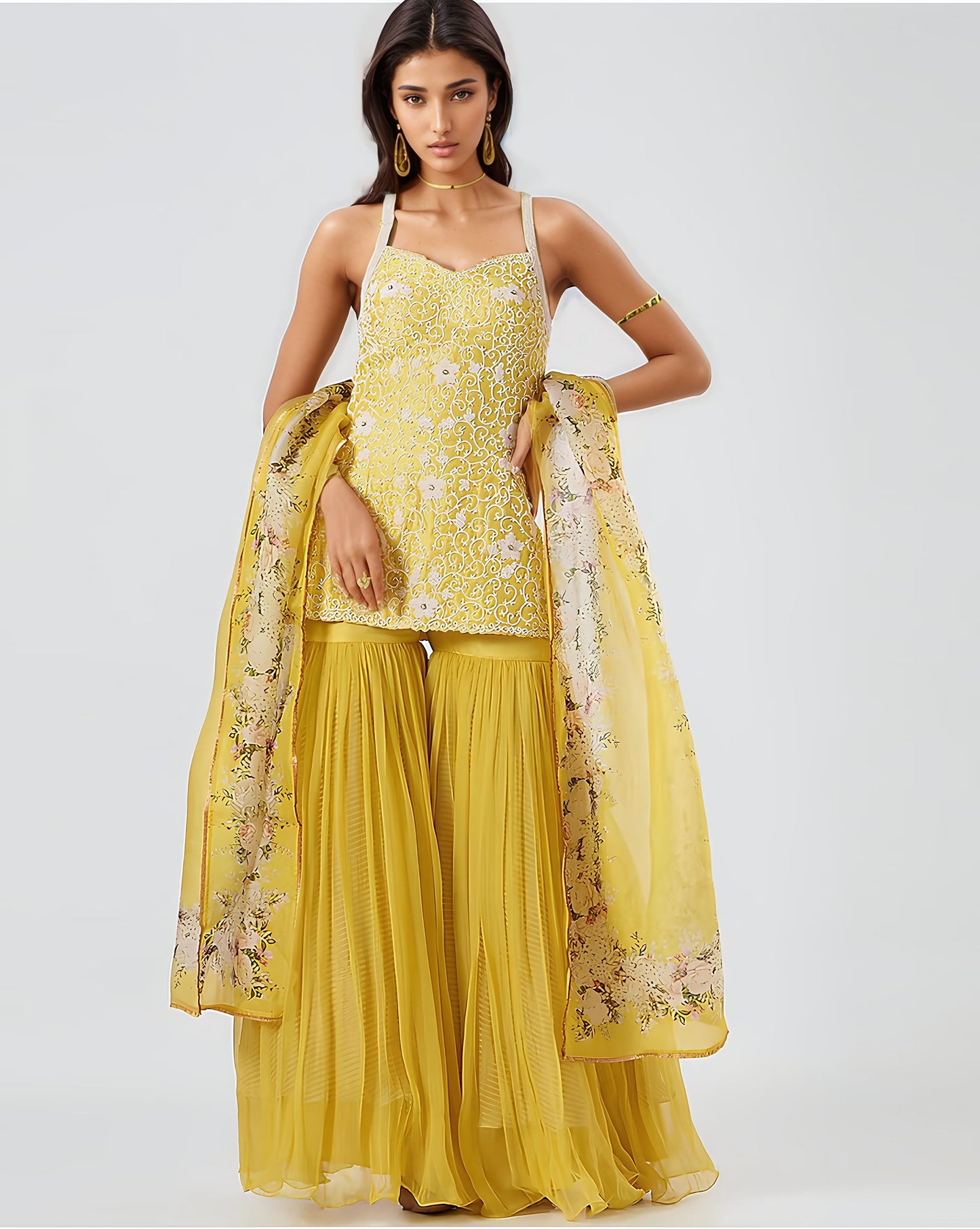 Yellow Raw Silk & Chiffon Gharara Set