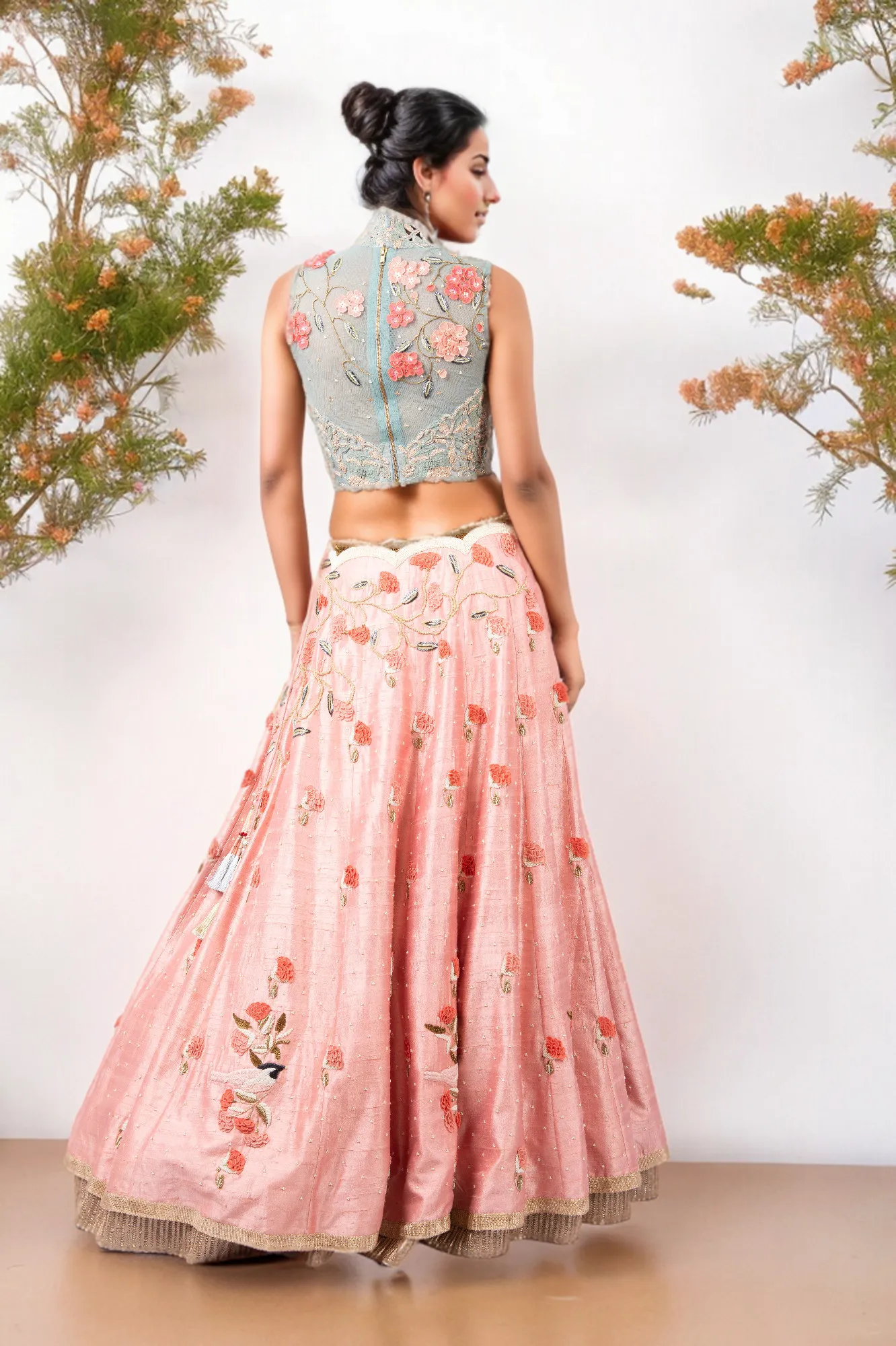 DORI WORK HIGH NECK BLOUSE WITH 3D FLOWERS LEHENGA