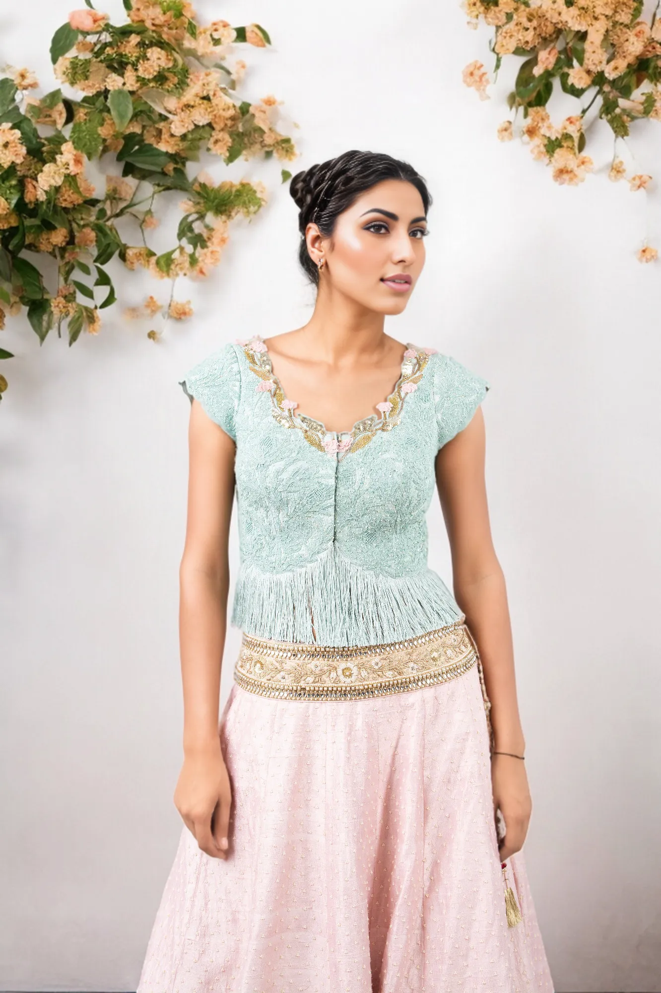 PERSIAN DORI ECO GREEN BLOUSE WITH FRINGES PAIRED WITH PEARL WORK PINK RAW SILK LEHENGA