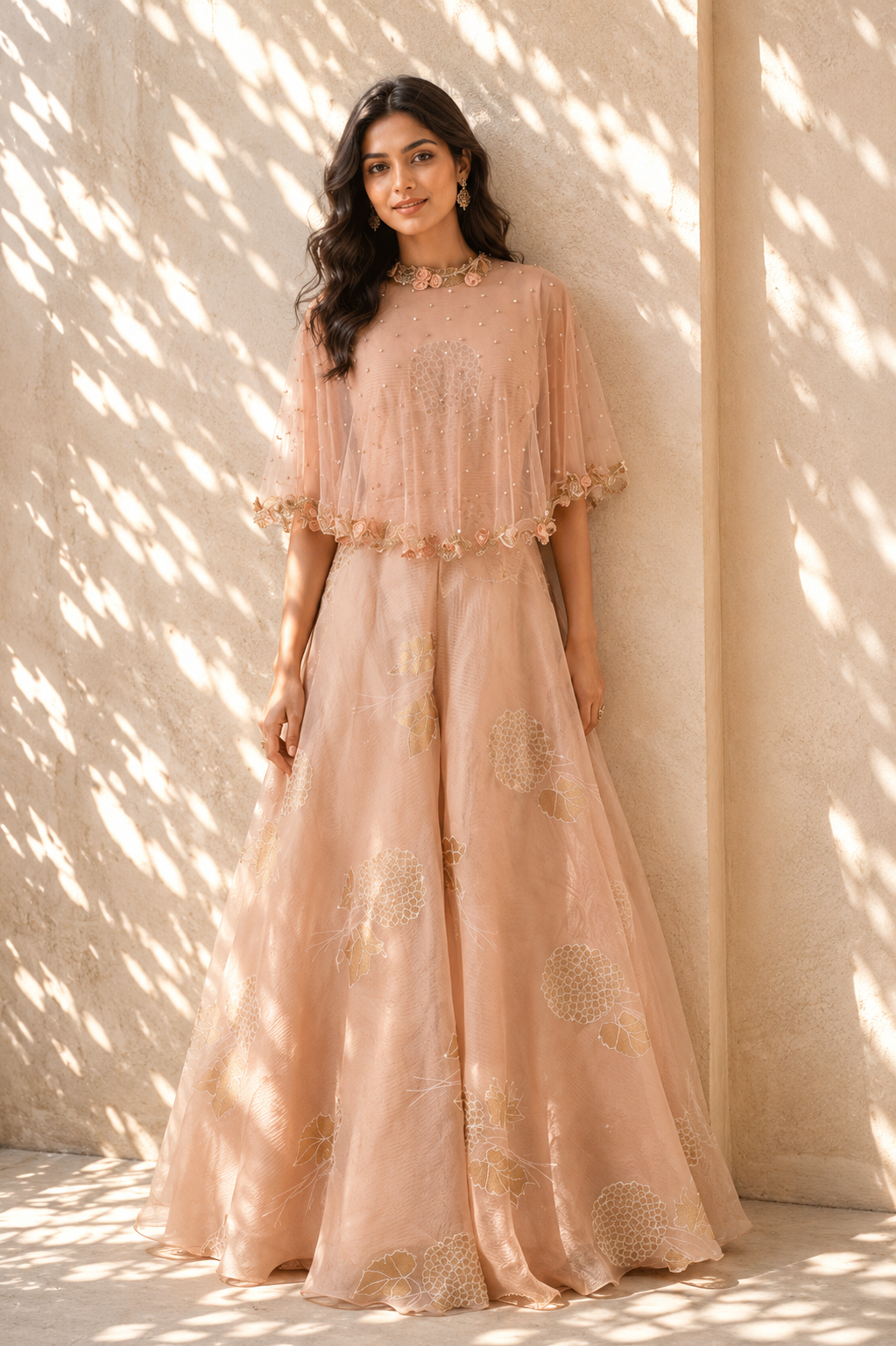 Blush Peach 3D Floral Cape Set