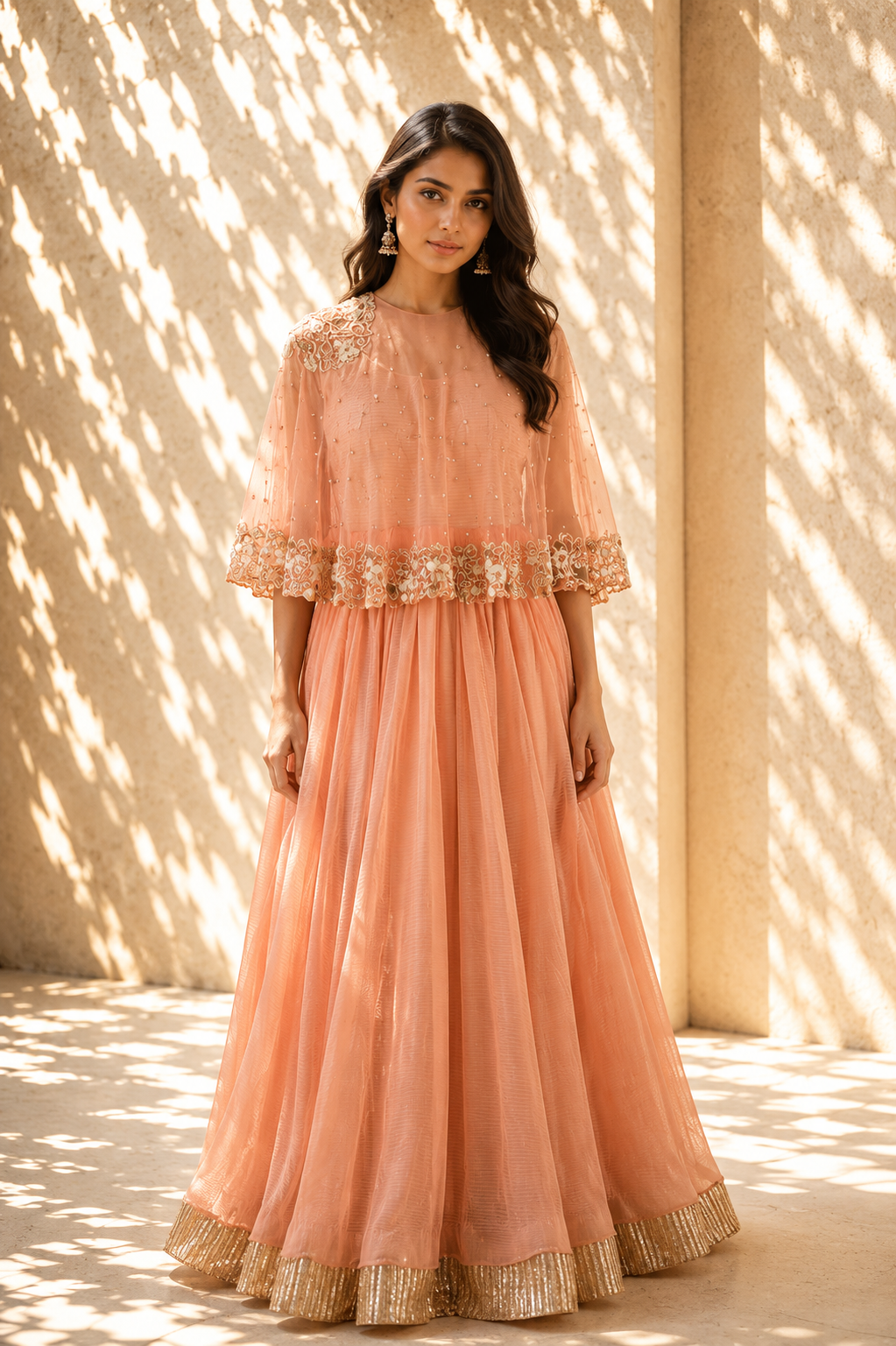 Peach Nectar Embroidered Cape & Pleated Gown Set