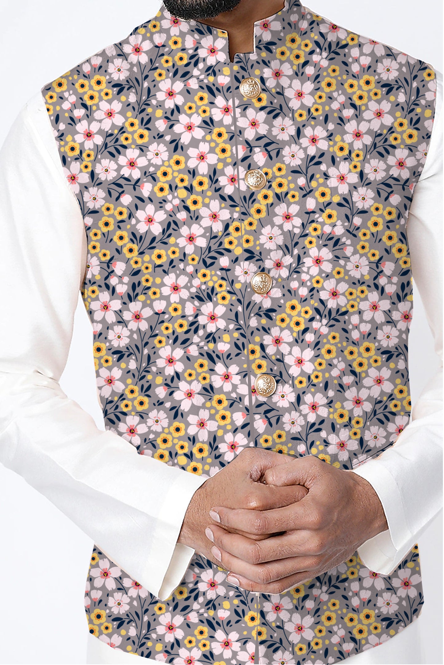 Printed Raw Silk Nehru Jacket