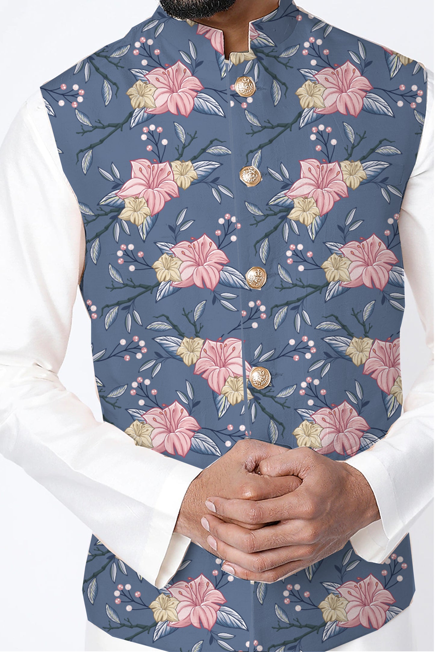 Printed Raw Silk Nehru Jacket