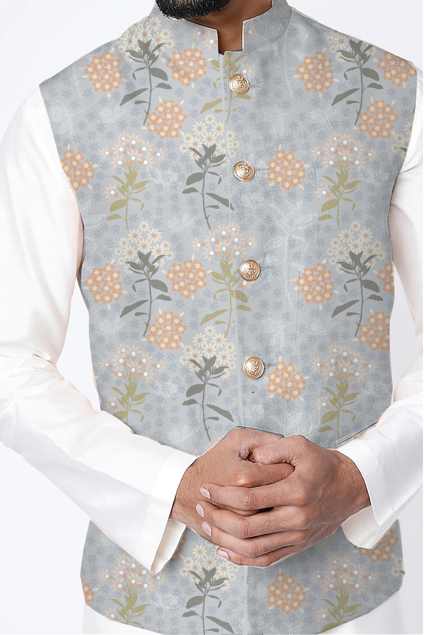 Printed Raw Silk Nehru Jacket