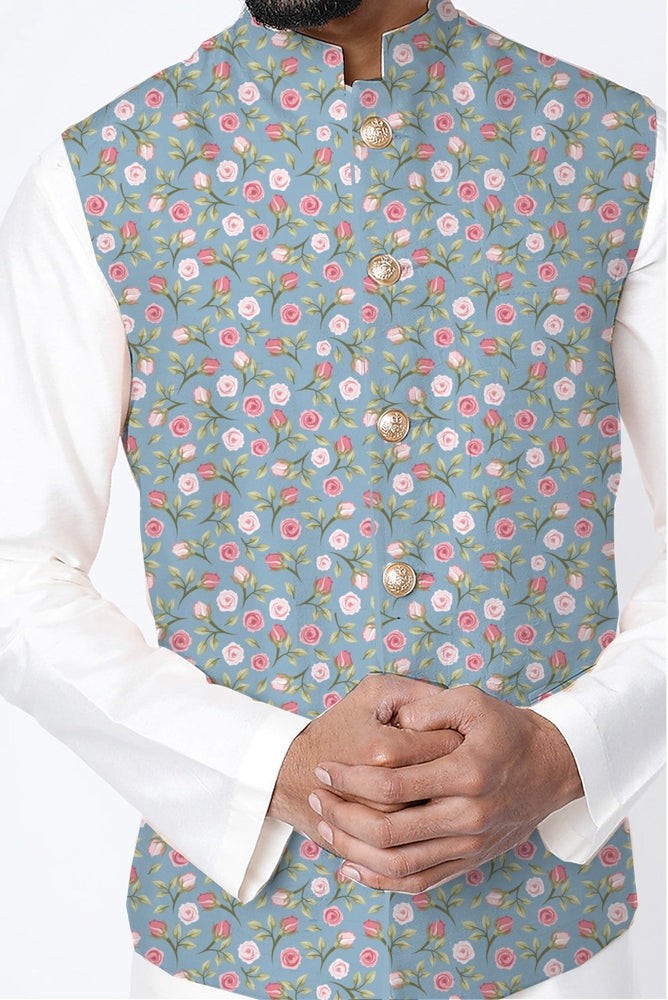Printed Raw Silk Nehru Jacket Yashodhara