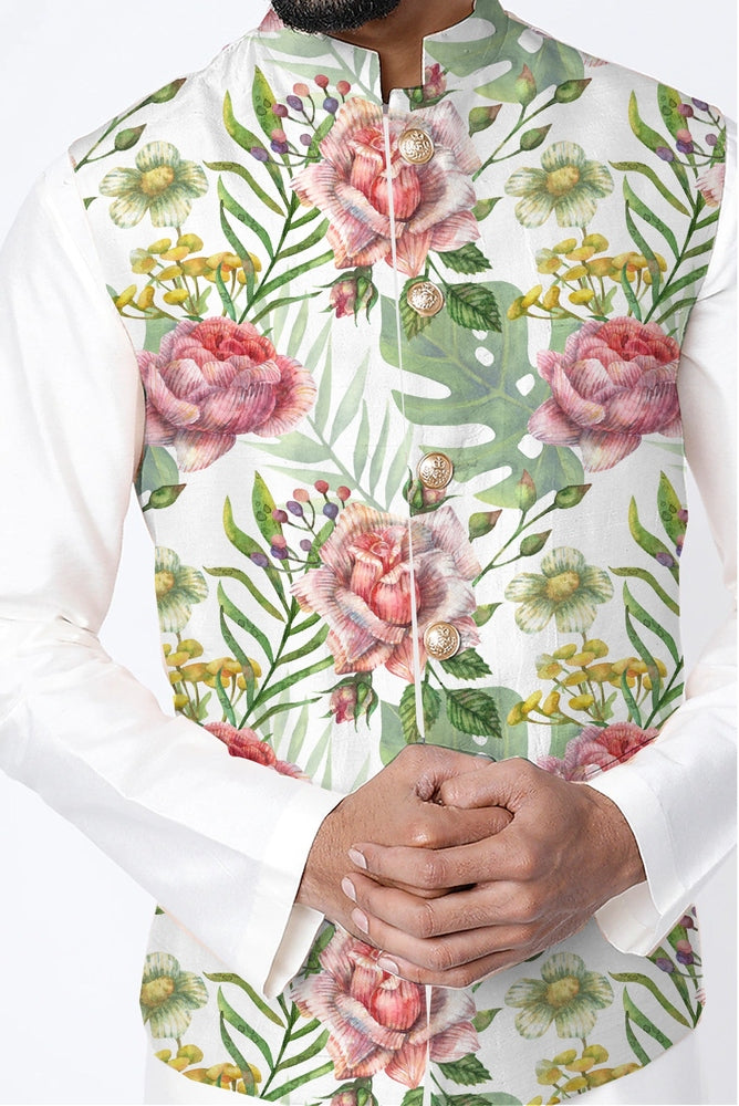 Printed Raw Silk Nehru Jacket Yashodhara