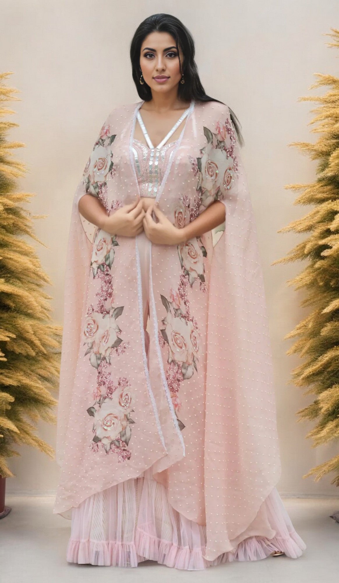 BUSITER WITH GARARA PANTS AND PRINTED CAPE