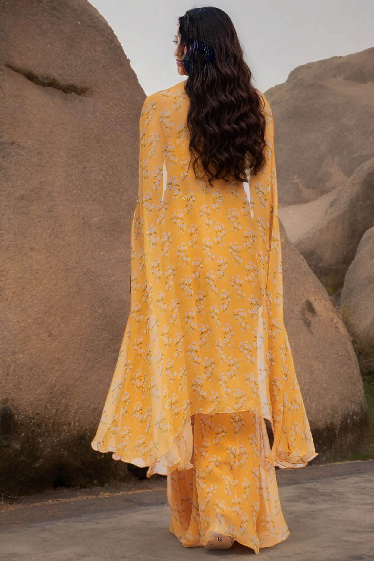 Kesar Raw Silk & Chiffon Printed Cape Set
