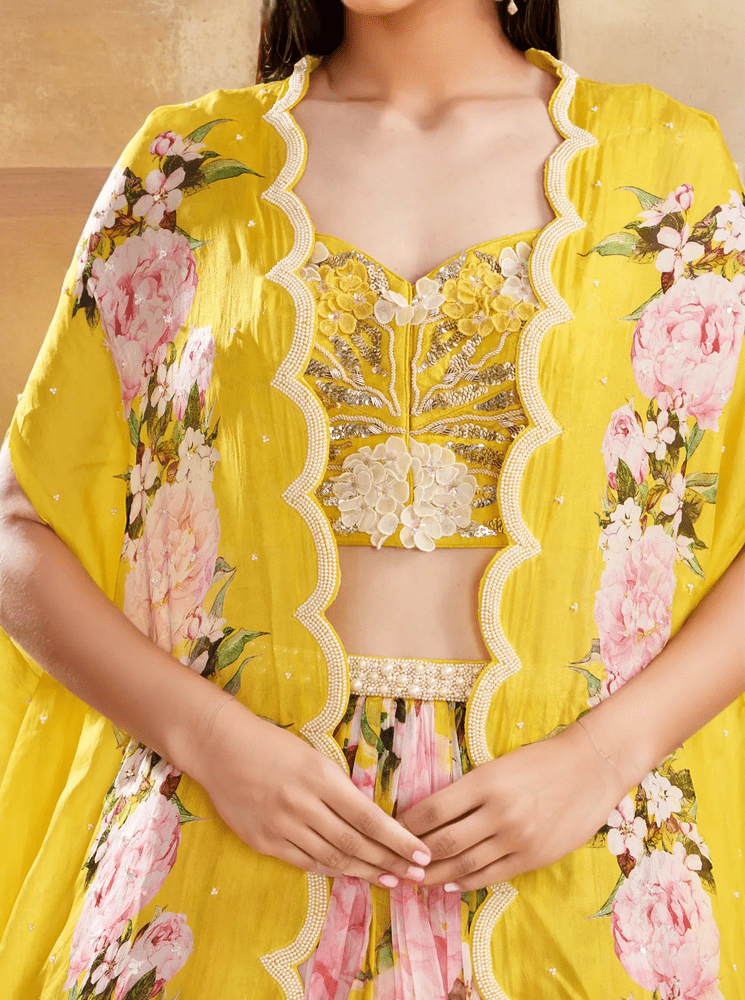 Yellow Chiffon Printed Jacket Lehenga Set Yashodhara