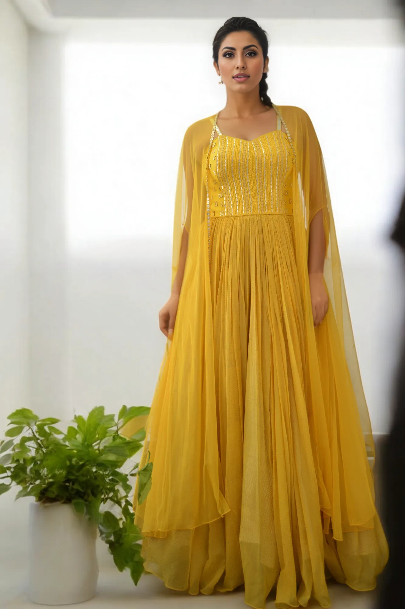 LEATHER SEQ DORI YOKE , POLKA DOT CHIFFON GATHERED ANARKALI