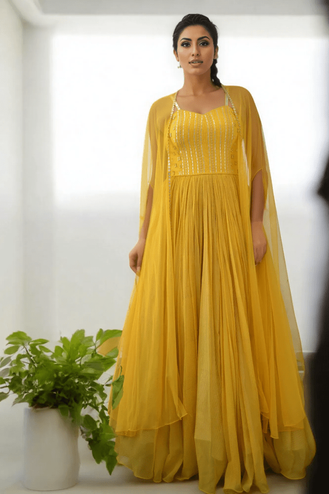 LEATHER SEQ DORI YOKE , POLKA DOT CHIFFON GATHERED ANARKALI Yashodhara