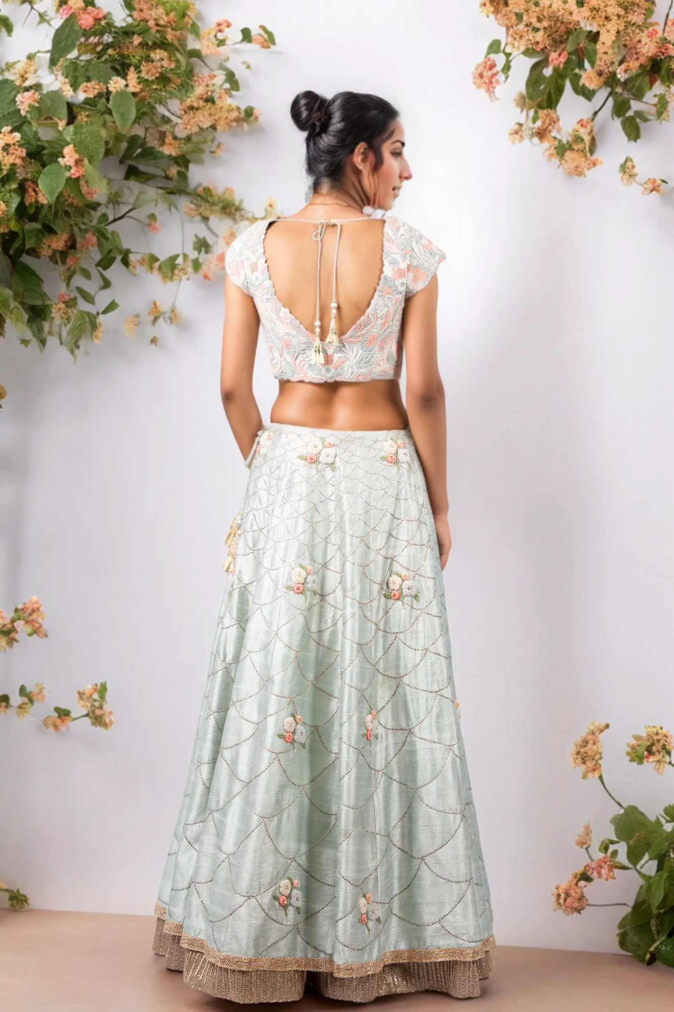 PERSIAN DORI BLOUSE WITH ANCHOR FLOWER SEQUENCE WORK RAW SILK LEHENGA