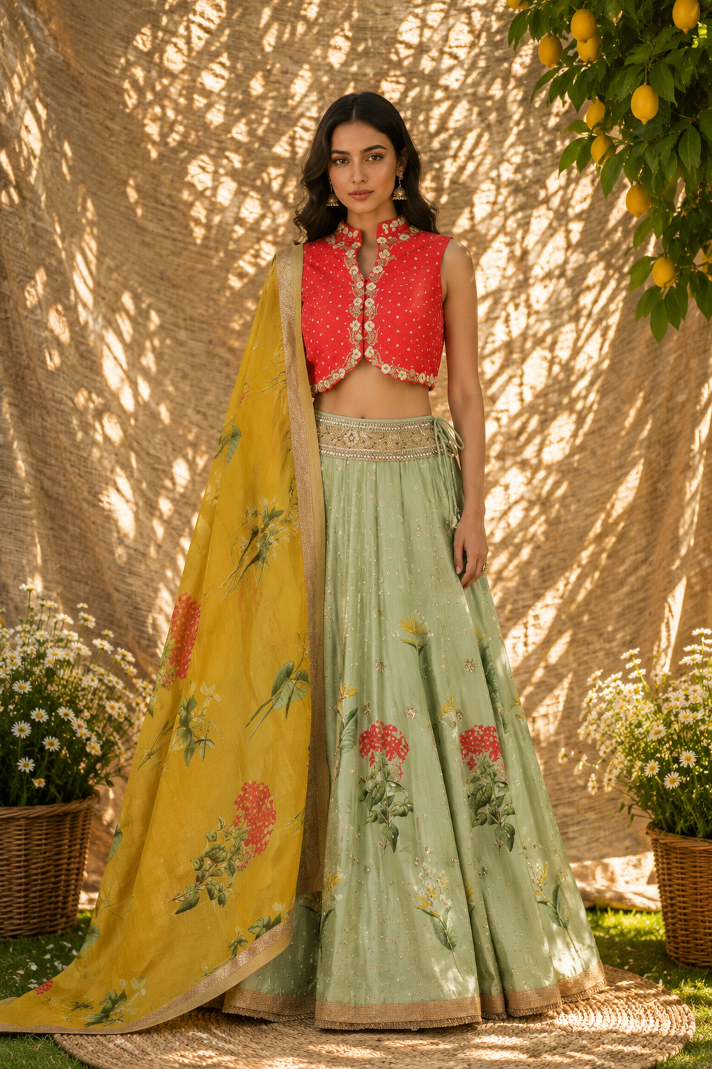 Crimson & Sage Floral Embroidered Lehenga Set