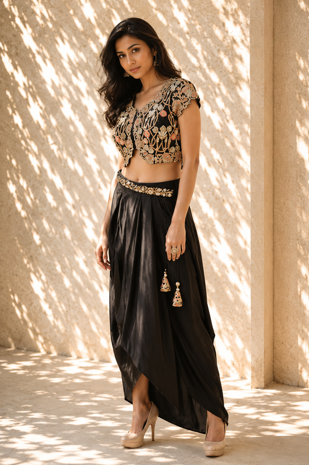 Midnight Black Embroidered Crop Top & Dhoti Skirt Set