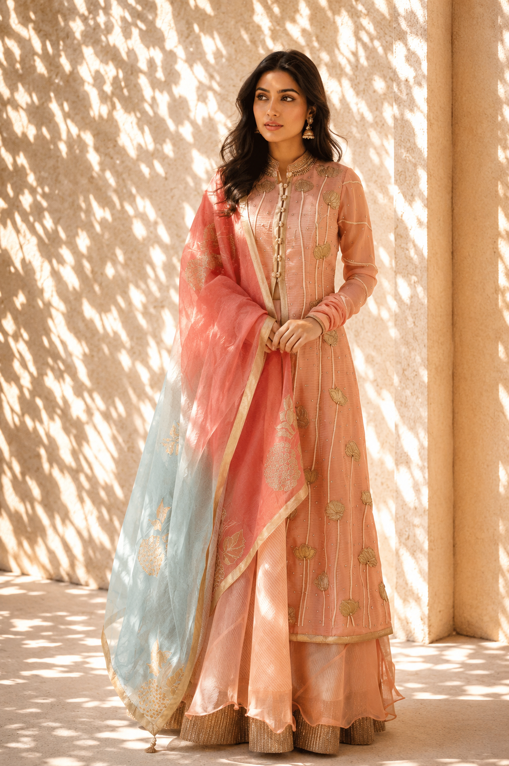 Peach Nectar Gold Foil Anarkali Jacket & Sharara Set