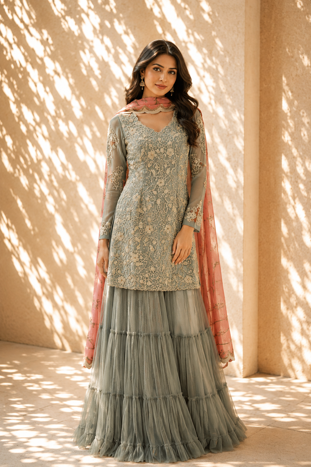 Sage Grey Embroidered Kurta & Tiered Sharara Set