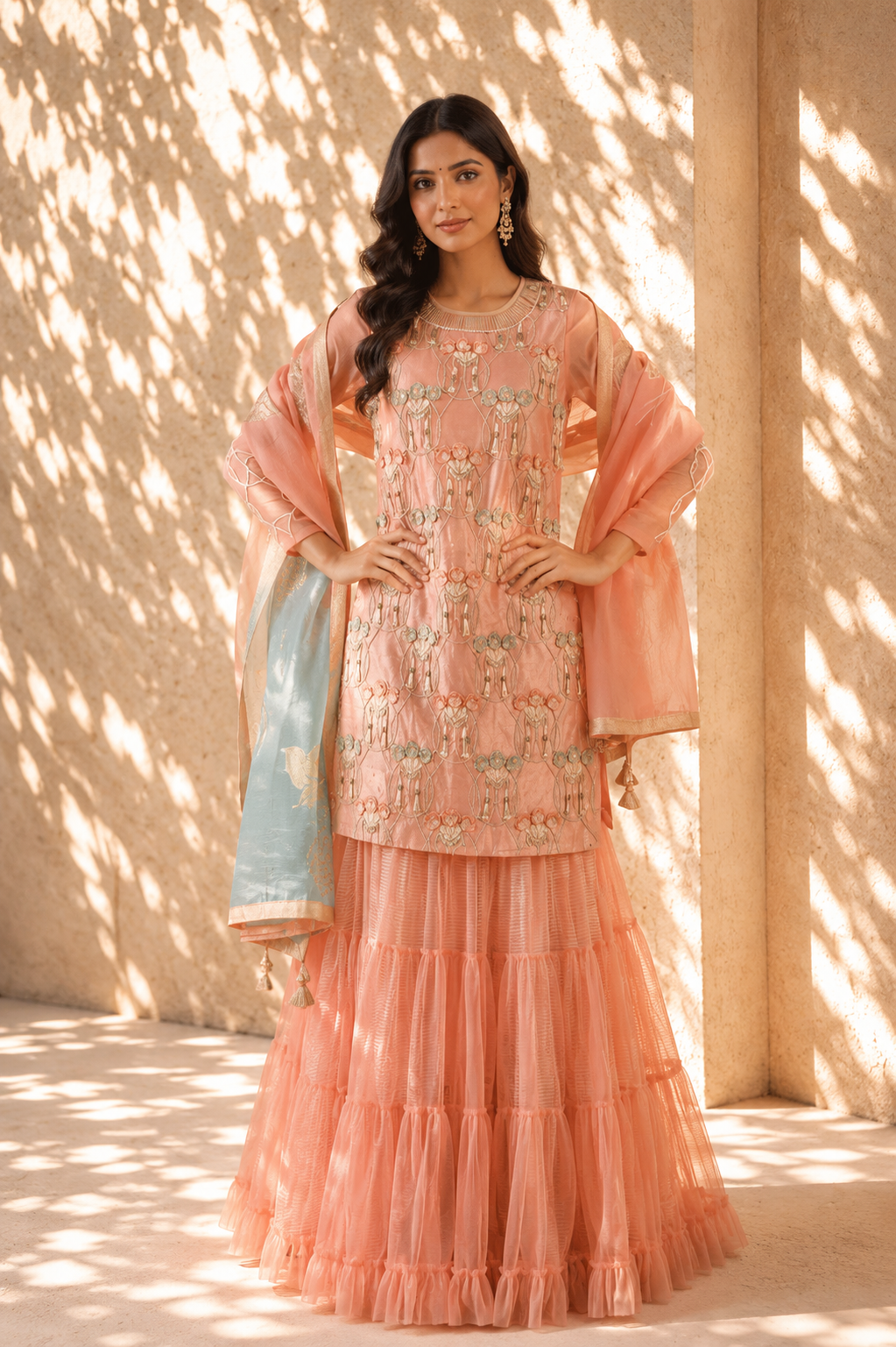 Peach Nectar Kurta & Tiered Sharara Set
