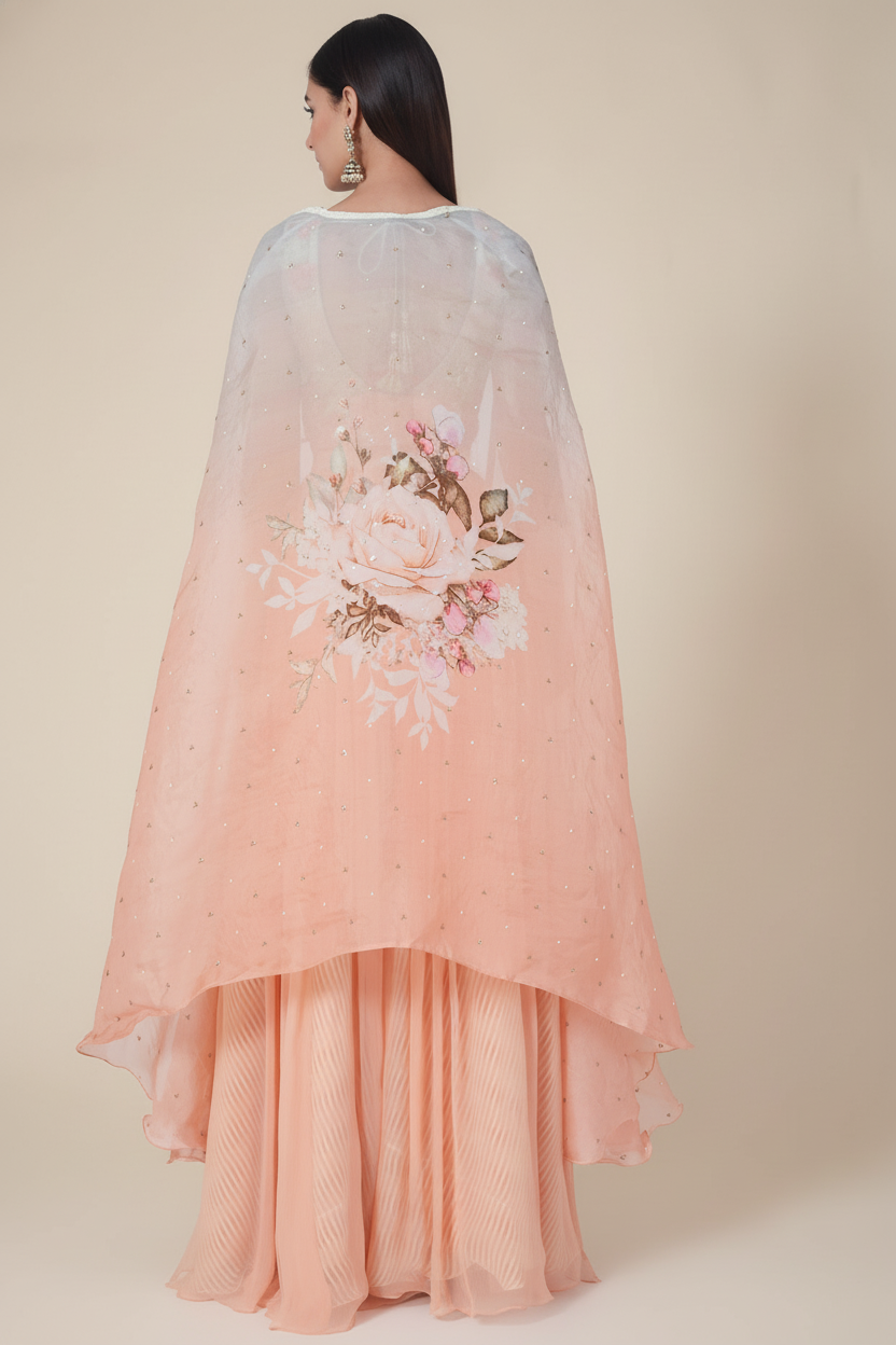 Peach Organza Cape Set Yashodhara