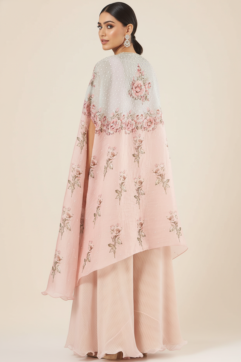 Blush Pink Raw Silk Printed Cape Set
