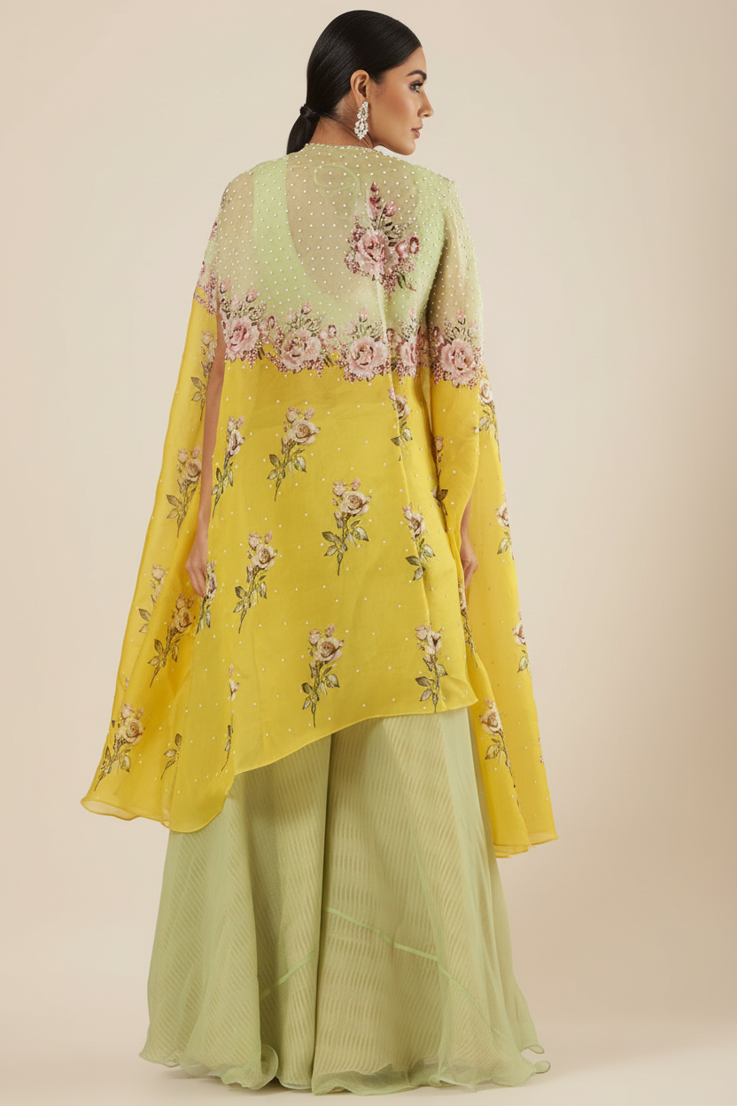 Yellow Printed Cape Set