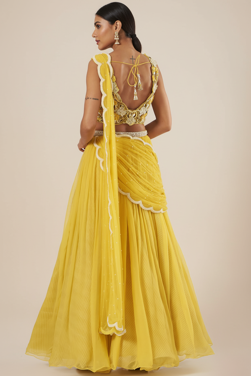 Yellow Raw Silk & Chiffon Lehenga Set
