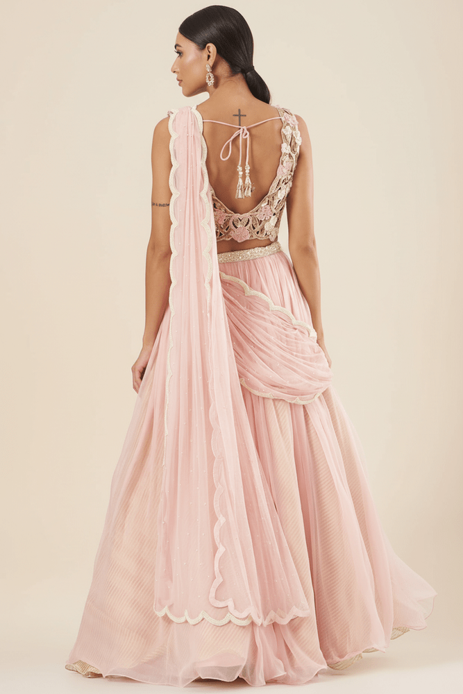 Blush Pink Raw Silk & Chiffon Lehenga Set Sale