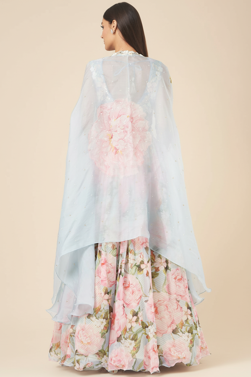 Blue Organza Printed Lehenga Set