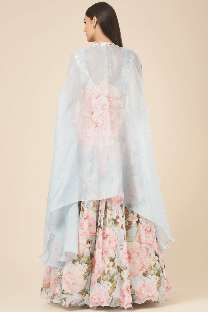Blue Organza Printed Lehenga Set Yashodhara