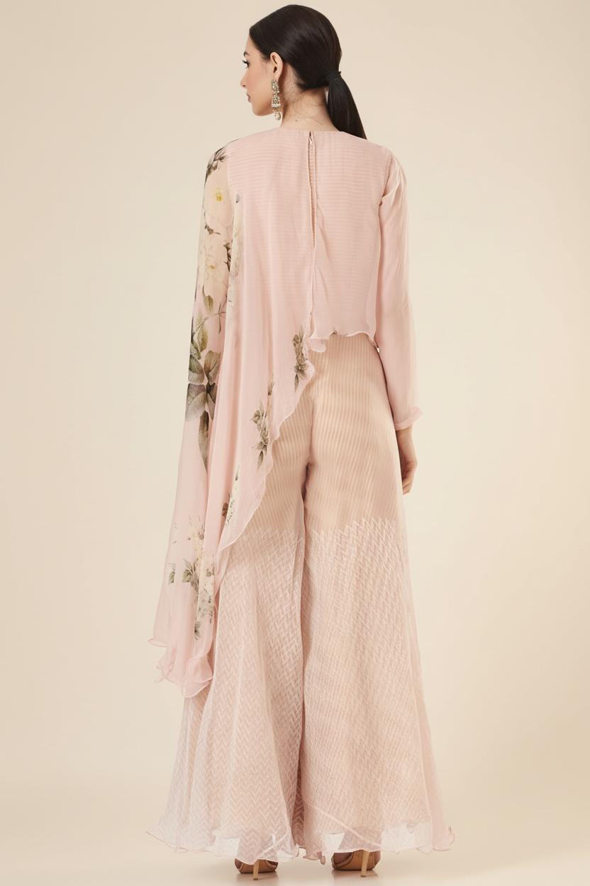 Blush Pink Printed Jumpsuit With Cape