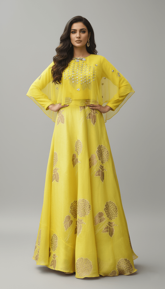 Golden Marigold Mirror Cape Anarkali Set Yashodhara