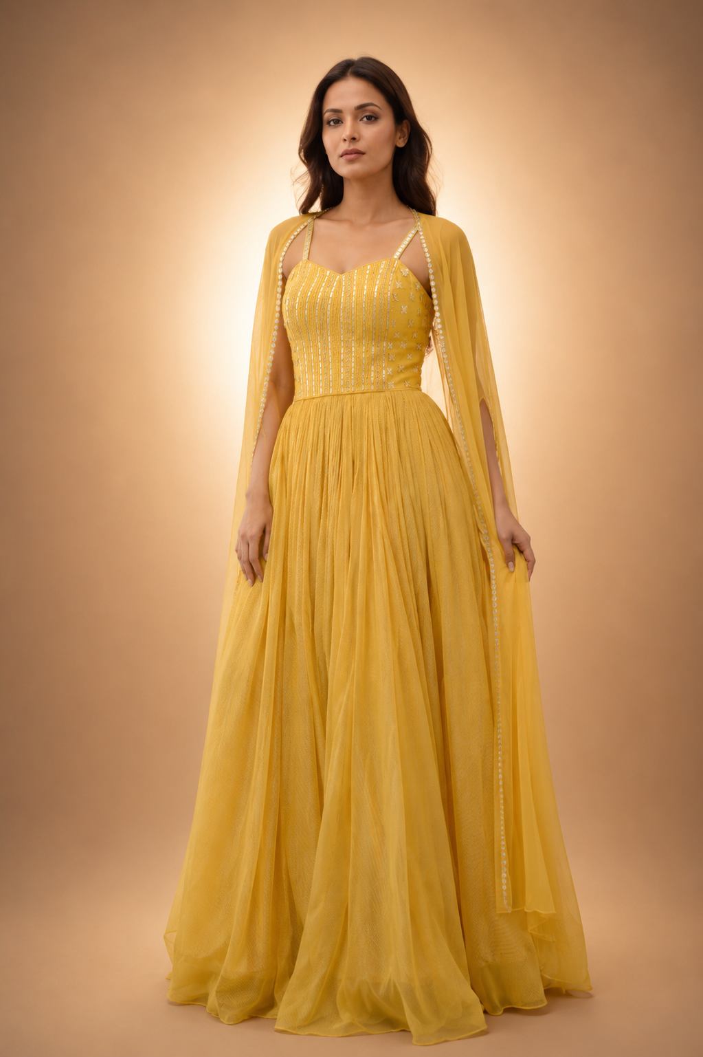 Sunlit Aura Cape Gown