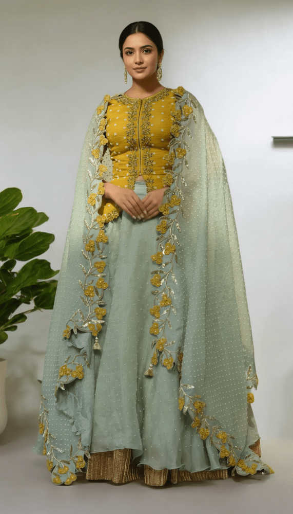PEPLUM JACKET WITH 3 MOTI ORGANZA LEHENGA Yashodhara