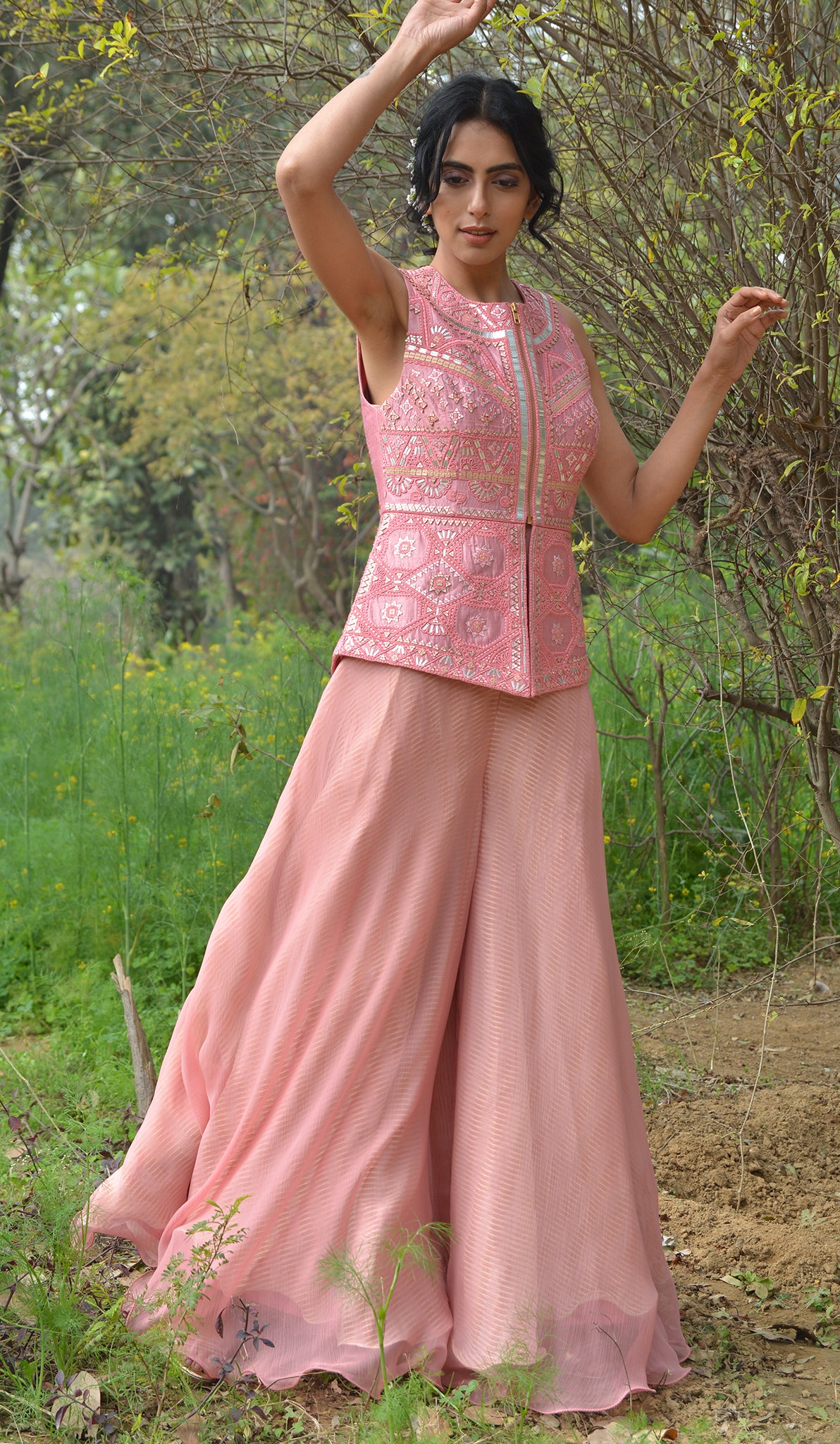 RAW SILK PEPLUM JACKET WITH CHIFFON JUMPSUIT – Yashodhara