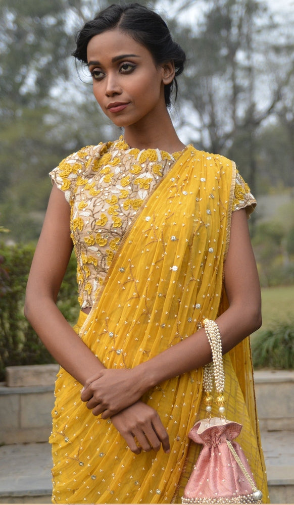 Sunlit Marigold Embroidered Saree Yashodhara