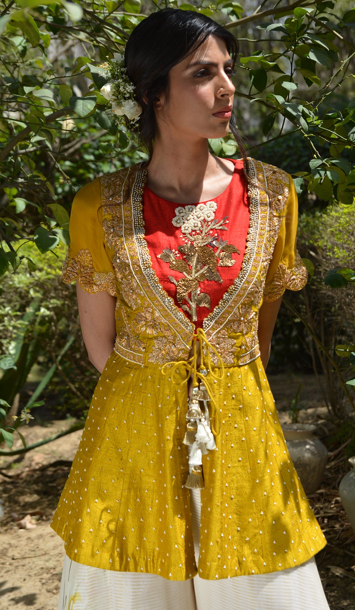 EMBROIDERED JACKET & PRINTED PALAZZOS SET
