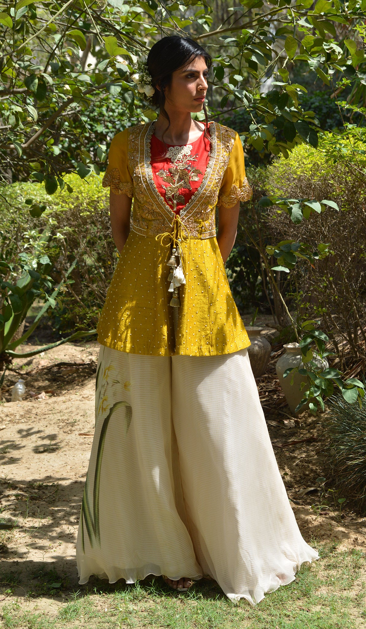 EMBROIDERED JACKET & PRINTED PALAZZOS SET