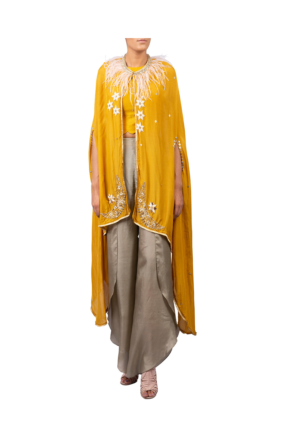 STAR MOON EMBROIDERED CAPE WITH RAW SILK CROPTOP