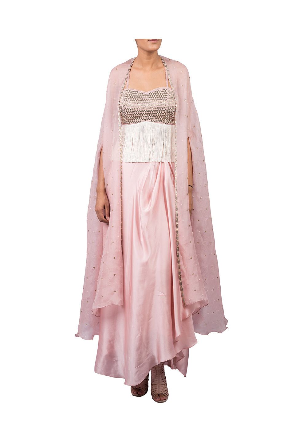 NALKI BUSTIER WITH DRAPED SKIRT WITH ORGANZA CAPE