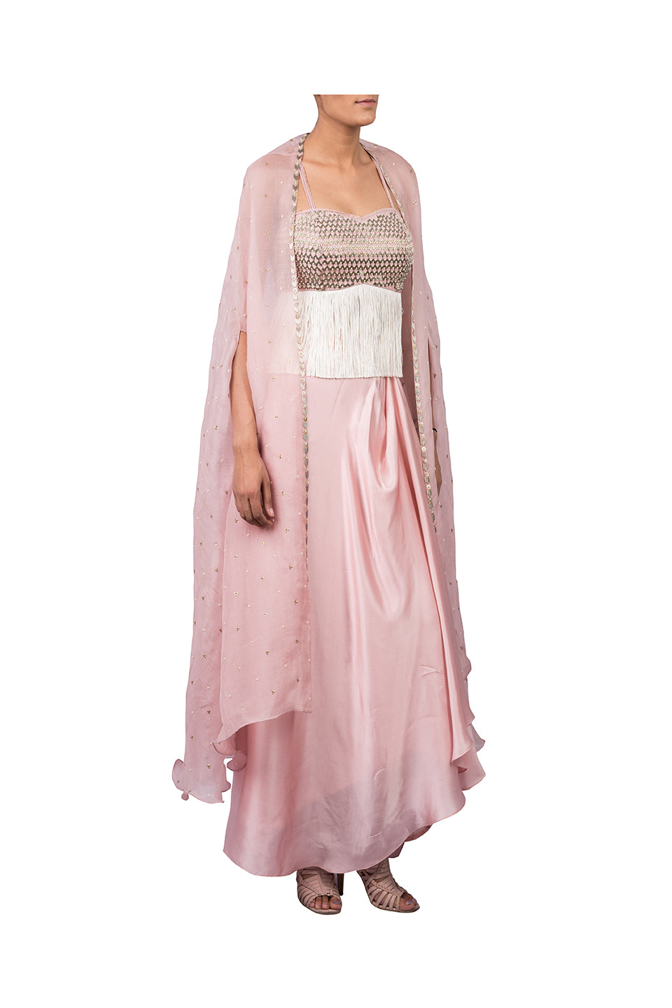 NALKI BUSTIER WITH DRAPED SKIRT WITH ORGANZA CAPE