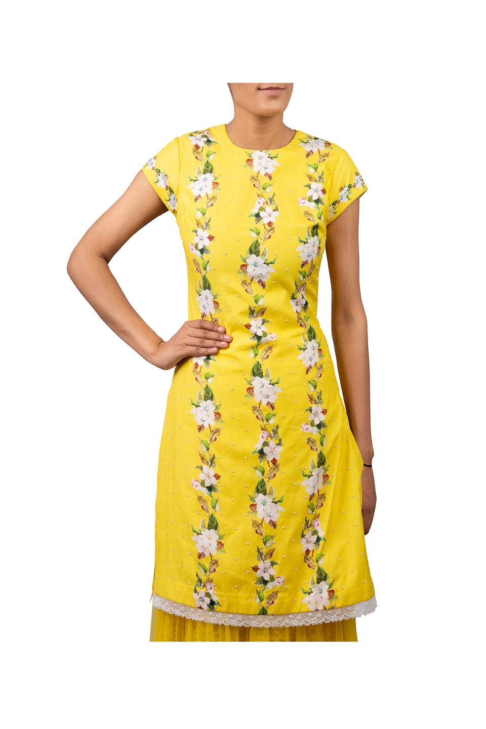 DIGITAL PRINT CHERRY BLOSSOM COTTON SILK KURTI WITH NET SHARARA SKIRT