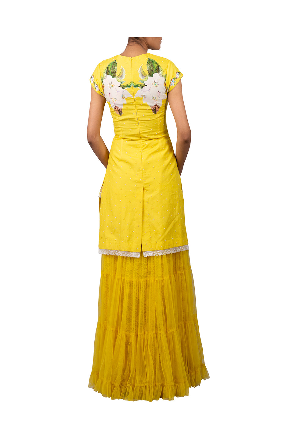 DIGITAL PRINT CHERRY BLOSSOM COTTON SILK KURTI WITH NET SHARARA SKIRT