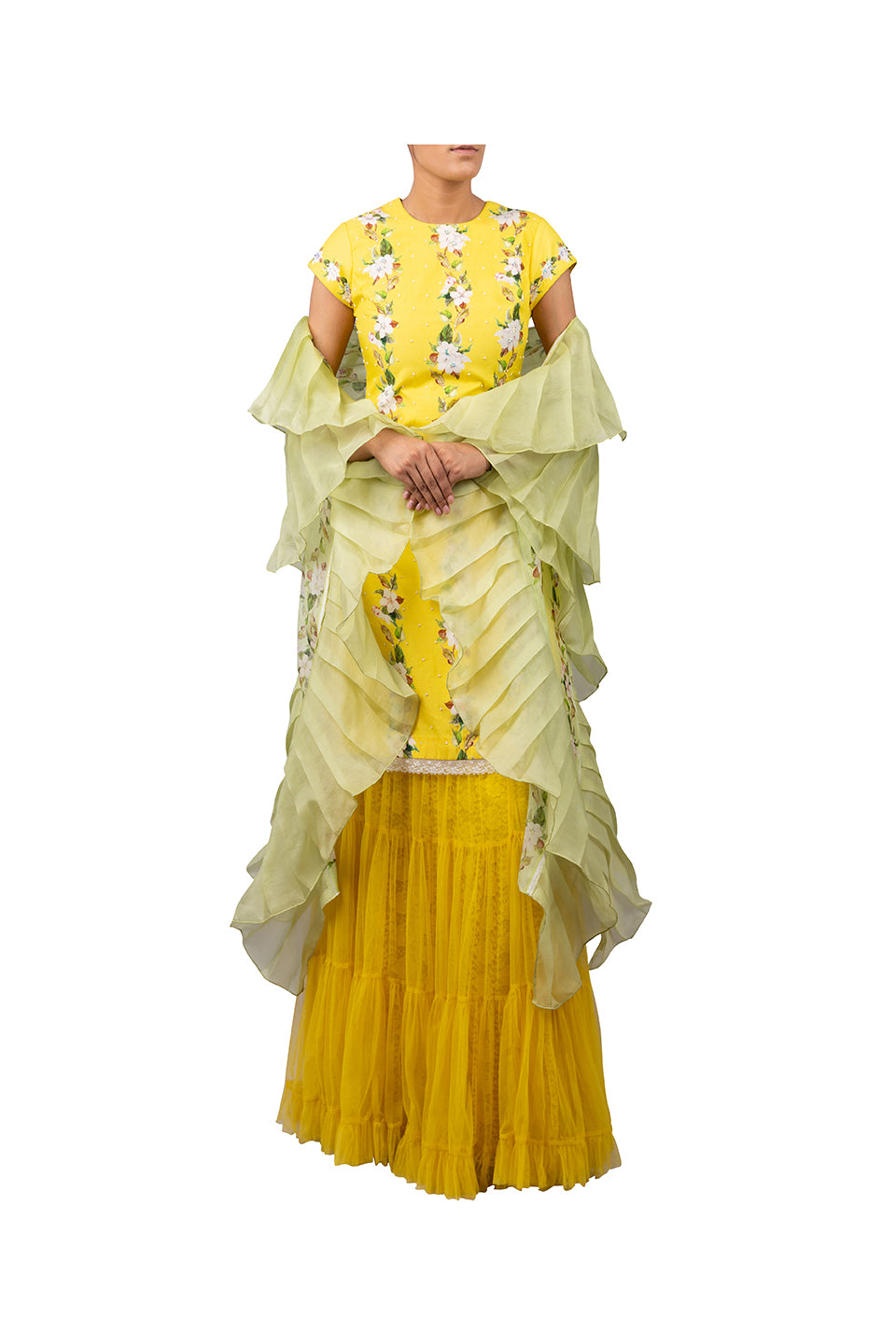 DIGITAL PRINT CHERRY BLOSSOM COTTON SILK KURTI WITH NET SHARARA SKIRT