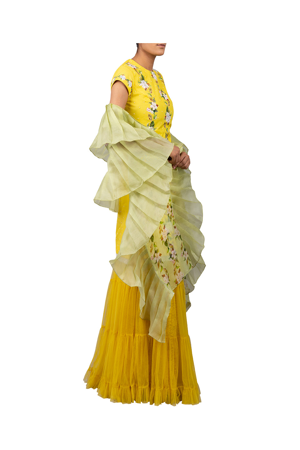 DIGITAL PRINT CHERRY BLOSSOM COTTON SILK KURTI WITH NET SHARARA SKIRT