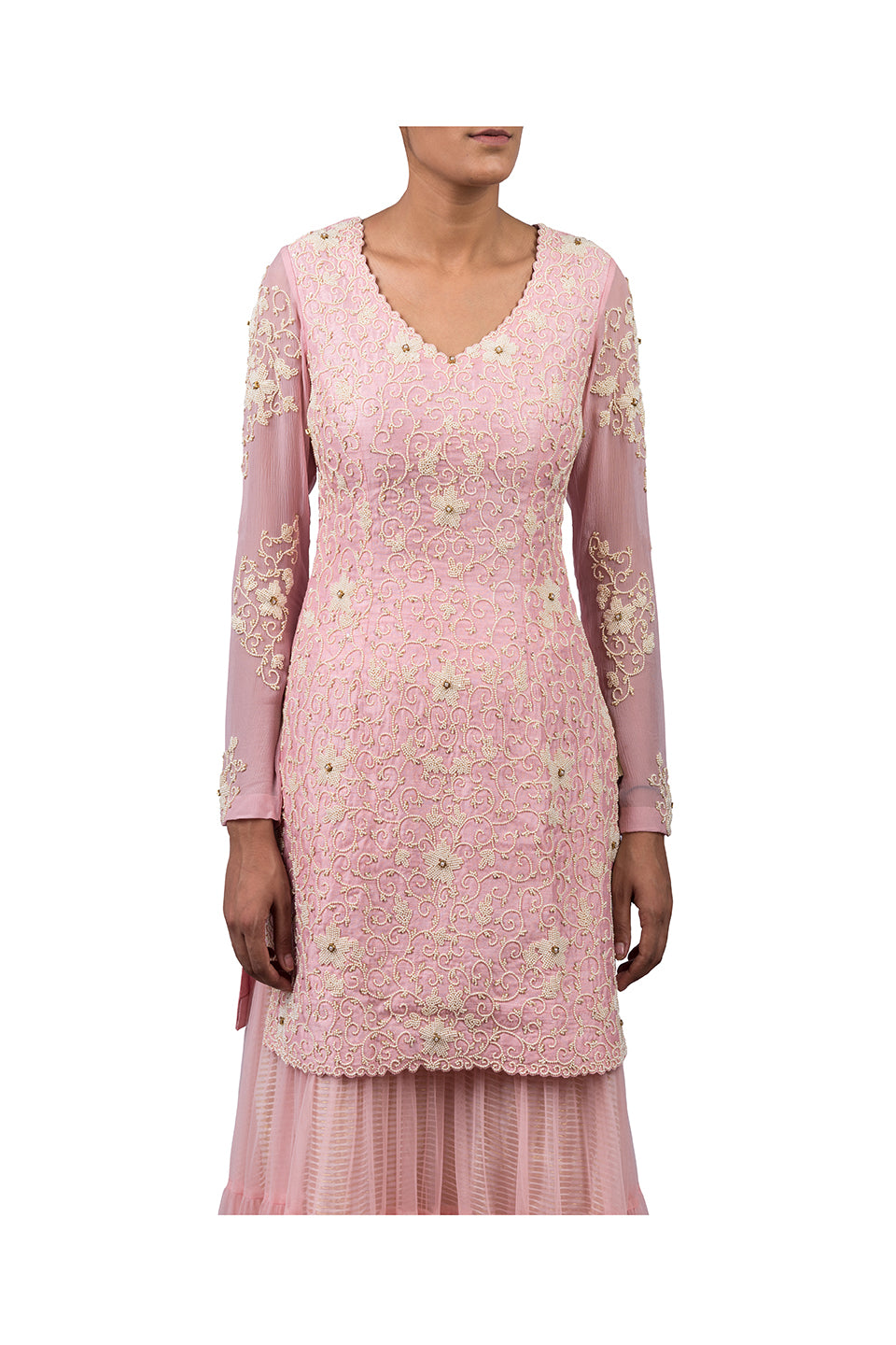 MOTI JAAL SUIT WITH NET SHARARA SKIRT WITH ORGANZA DIGITAL PRINT PEONIES OLIVE GREEN DUPATTA