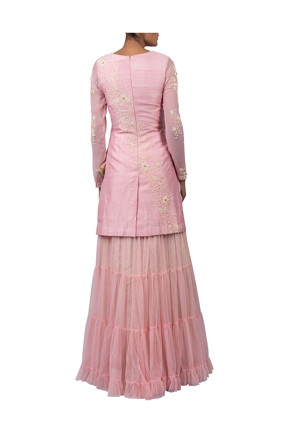 MOTI JAAL SUIT WITH NET SHARARA SKIRT WITH ORGANZA DIGITAL PRINT PEONIES OLIVE GREEN DUPATTA