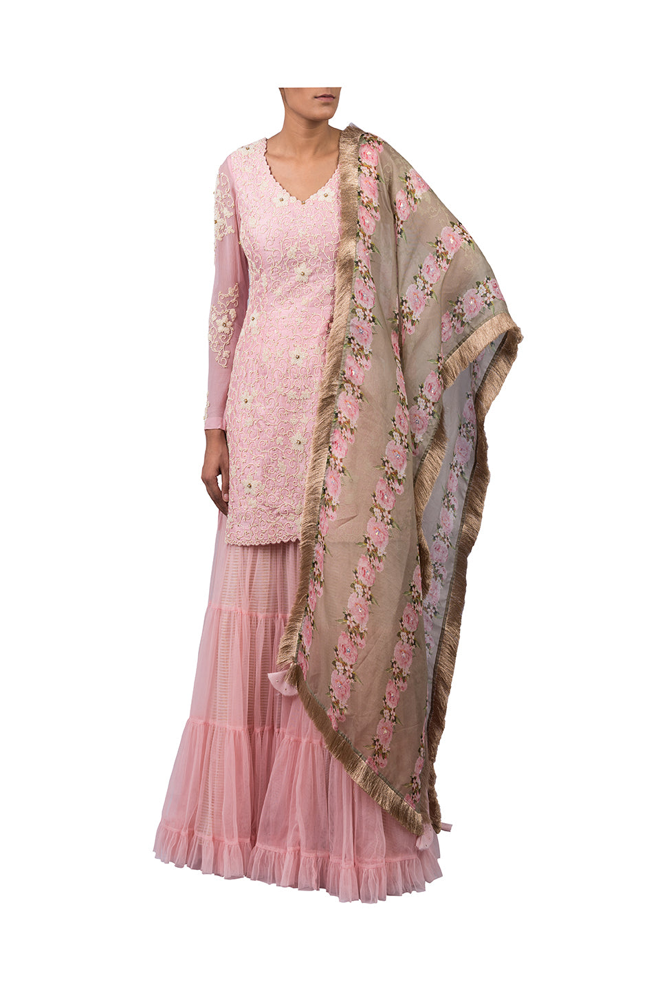 MOTI JAAL SUIT WITH NET SHARARA SKIRT WITH ORGANZA DIGITAL PRINT PEONIES OLIVE GREEN DUPATTA